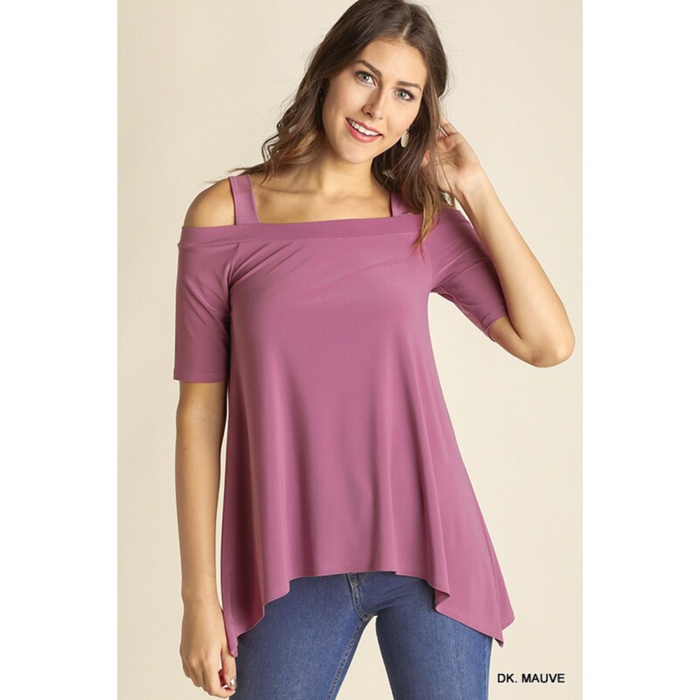 Mauve shark bite hem cold shoulder tee